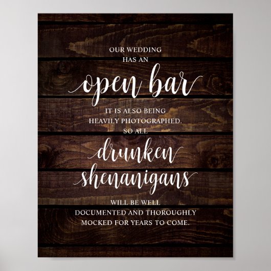 Modern Rustic Wedding Open Bar Drunken Shenanigans Poster (Vorne)