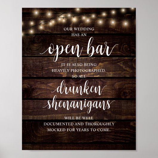 Modern Rustic Wedding Open Bar Drunken Shenanigans Poster (Vorne)
