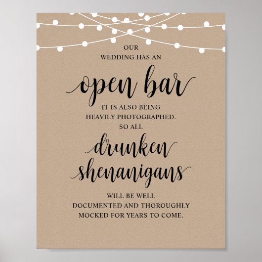 Modern Rustic Wedding Open Bar Drunken Shenanigans Poster (Vorne)