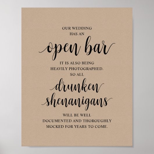 Modern Rustic Wedding Open Bar Drunken Shenanigans Poster (Vorne)