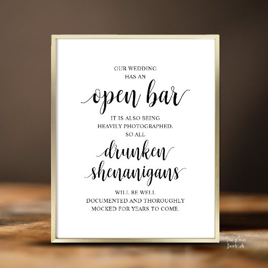 Modern Rustic Wedding Open Bar Drunken Shenanigans Poster