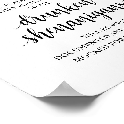 Modern Rustic Wedding Open Bar Drunken Shenanigans Poster (Ecke)