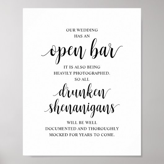 Modern Rustic Wedding Open Bar Drunken Shenanigans Poster (Vorne)
