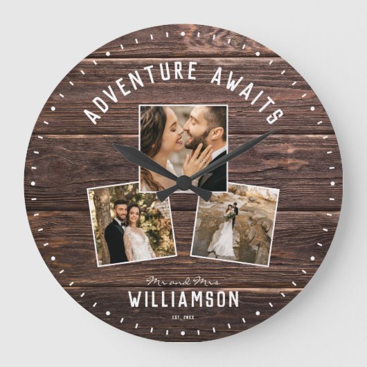 Modern Rustic Wedding Photo Collage Keepsake Große Wanduhr (Vorderseite)