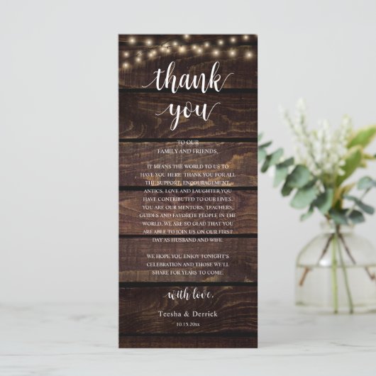 Modern Rustic Wedding Reception Thank You Card Programm (Stehend Vorderseite)