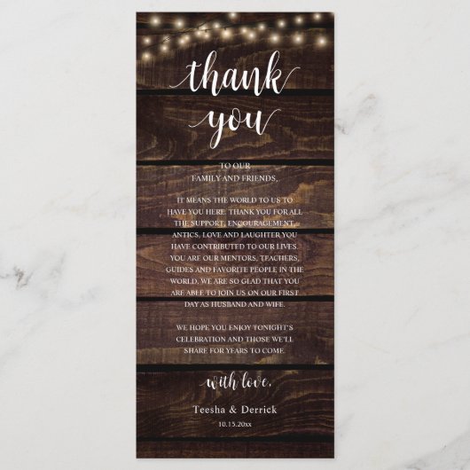Modern Rustic Wedding Reception Thank You Card Programm (Vorderseite)