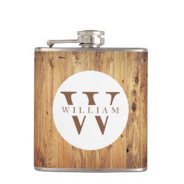 Modern Rustic Wood Monogram Name + Initial Flachmann