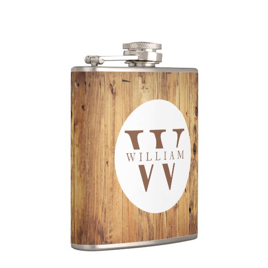 Modern Rustic Wood Monogram Name + Initial Flachmann (Rechts)