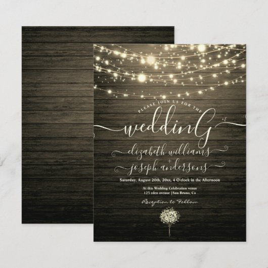 Modern Rustic Wood & White Lights String wedding Einladung (Vorne/Hinten)