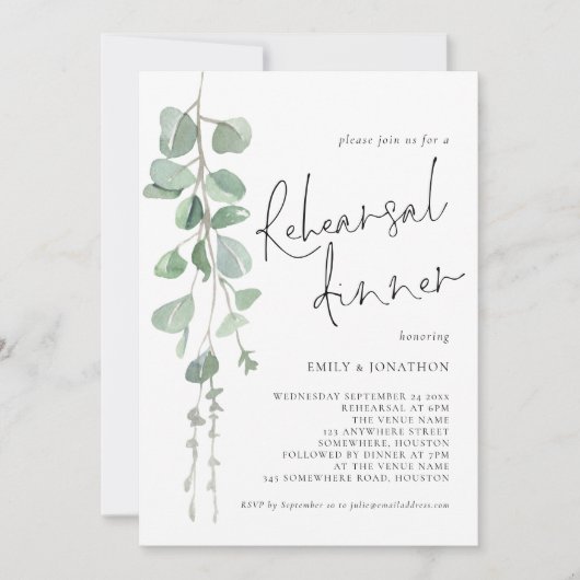 Modern Sage Eucalyptus Script Rehearsal Dinner Einladung (Vorderseite)