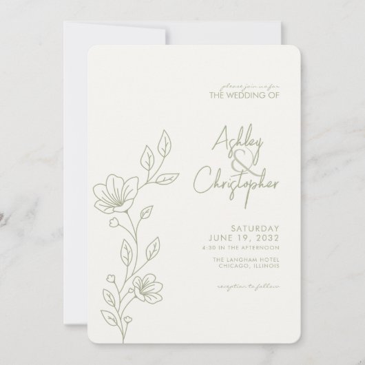 Modern Sage Foliage Kontur All-in-One Hochzeit Einladung (Vorderseite)