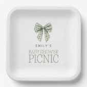 Modern Sage Gingham Bow Name Baby Shower Picnic Pappteller (Vorderseite)