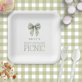 Modern Sage Gingham Bow Name Baby Shower Picnic Pappteller