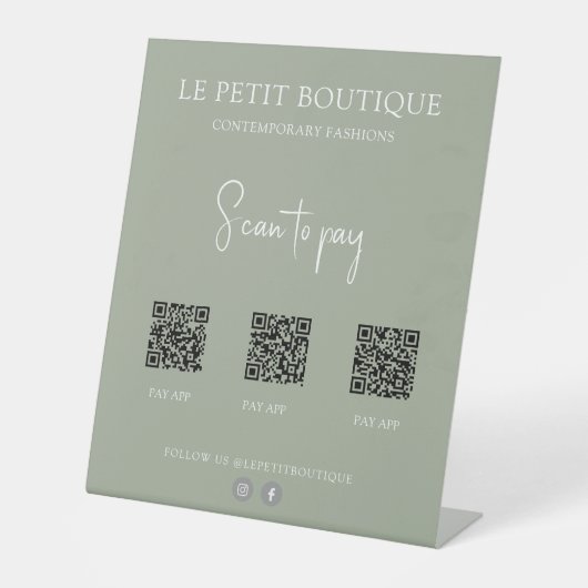 Modern Sage Green 3 QR Code Payment App Sockelschild (Vorderseite)