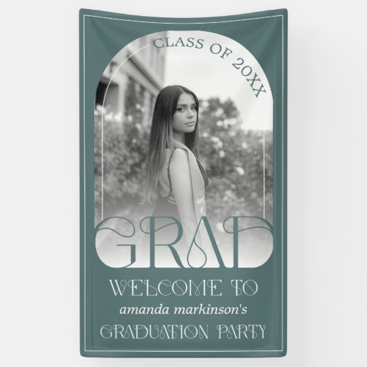 Modern Sage Green Arch Photo Graduation Welcome Banner (Vertikal)