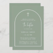 Modern Sage Green Arch Script Minimalistische Tauf Einladung (Vorne/Hinten)