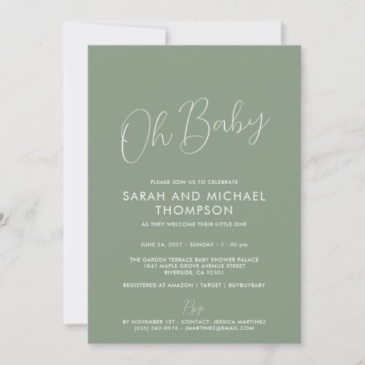 Modern Sage Green Baby Shower Elegant Script Einladung (Vorderseite)