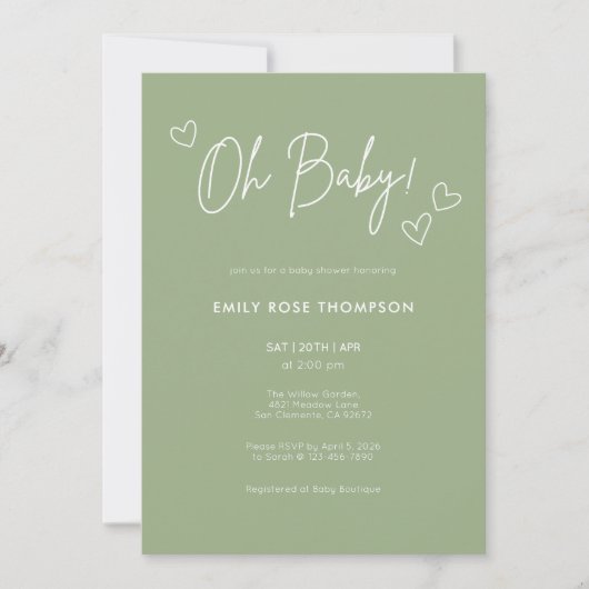 Modern Sage Green Baby Shower Minimal Script Einladung (Vorderseite)