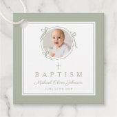 Modern Sage Green Baptism Photo Geschenkanhänger (Vorderseite)