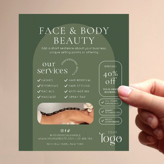 Modern Sage Green Boho Beauty Spa Salon Marketing Flyer