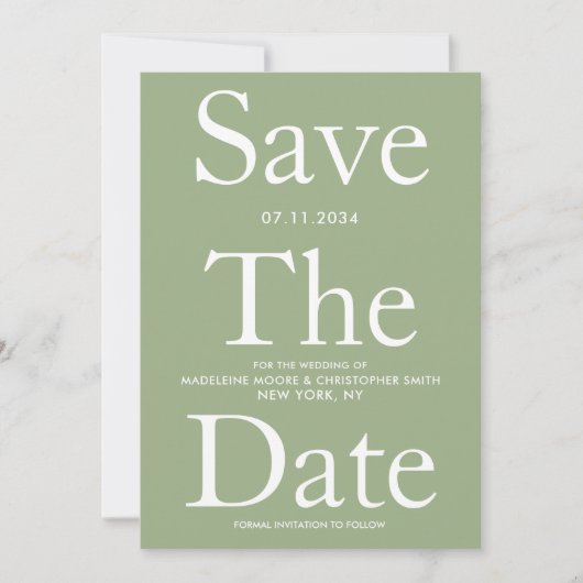 Modern Sage Green Bold Letters Save the Date (Vorderseite)