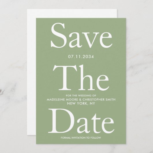 Modern Sage Green Bold Letters Save the Date (Vorne/Hinten)
