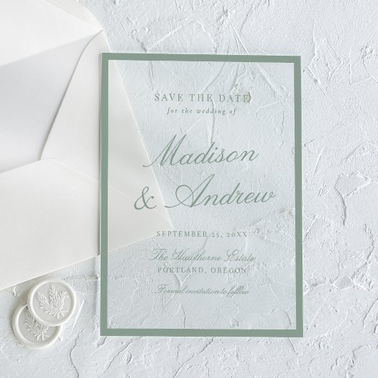 Modern Sage Green Border Wedding Save the Date Acryleinladungen