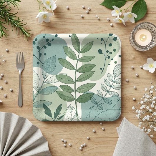 Modern Sage Green Botanical Leaf Pattern Pappteller