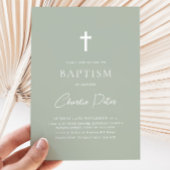 Modern Sage Green Boys kreuzen Christening Taufe Einladung