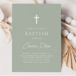 Modern Sage Green Boys kreuzen Christening Taufe Einladung