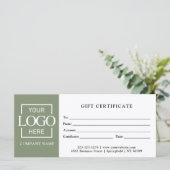 Modern Sage Green Business Logo Gift Certificate (Stehend Vorderseite)
