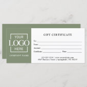 Modern Sage Green Business Logo Gift Certificate (Vorne/Hinten)