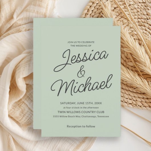 Modern Sage Green Charcoal Script Hochzeit Einladung
