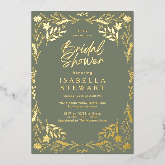 Modern Sage Green Chic Boho Floral Brautparty Folieneinladung (Vorderseite)