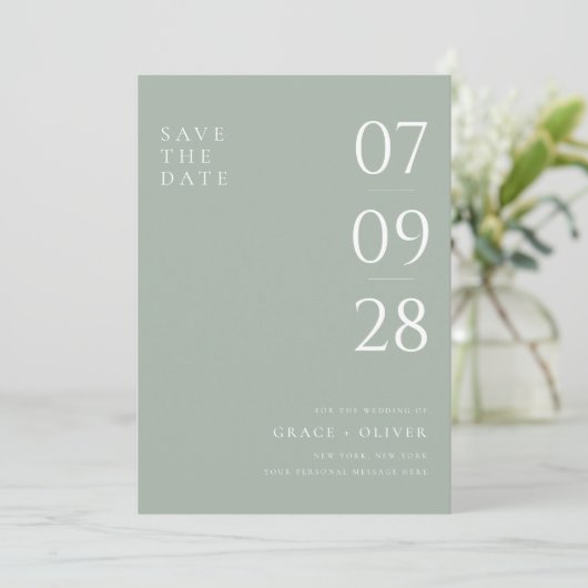 Modern Sage Green Elegante Hochzeit Save The Date (Stehend Vorderseite)
