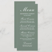 Modern Sage Green Elegante White Script Hochzeit Menükarte (Vorne/Hinten)