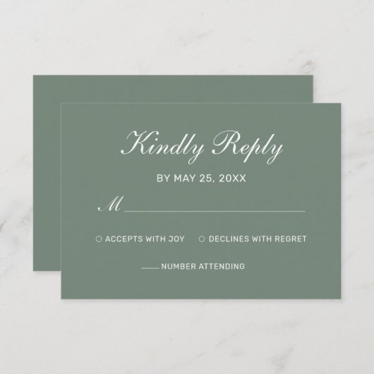 Modern Sage Green Elegante White Script Hochzeit RSVP Karte (Vorne/Hinten)