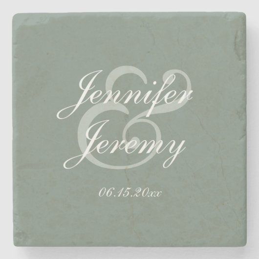 Modern Sage Green Elegante White Script Hochzeit Steinuntersetzer (Vorderseite)