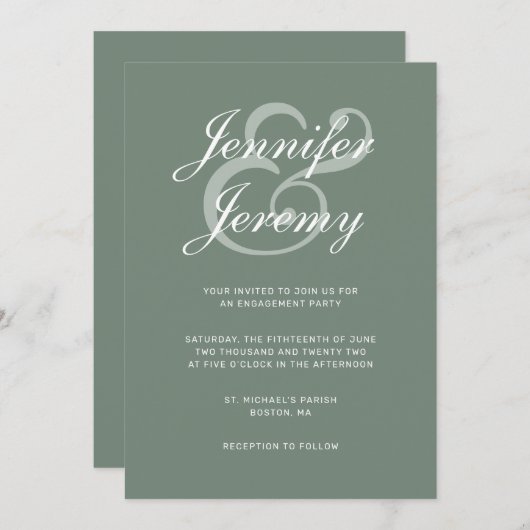 Modern Sage Green Elegante White Script Verlobung Einladung (Vorne/Hinten)