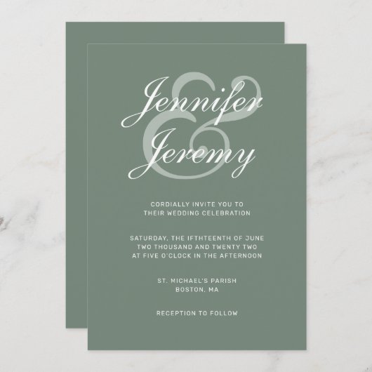 Modern Sage Green Elegante White Script Wedding In Einladung (Vorne/Hinten)