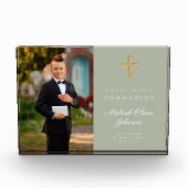 Modern Sage Green First Communy Boy Picture Fotoblock (Vorderseite)