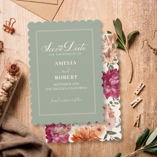 Modern sage green floral fall wedding  save the date