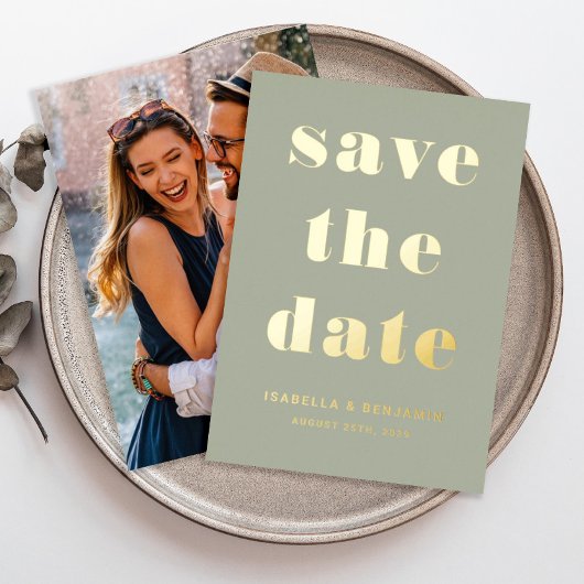 Modern Sage Green Foto Save the Date Gold Folieneinladung