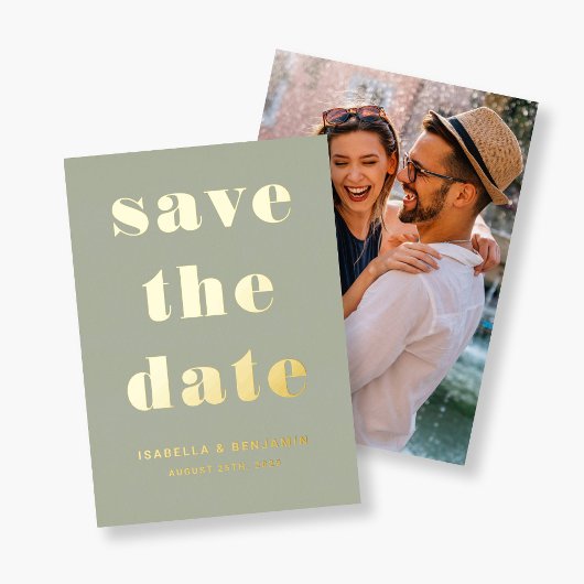 Modern Sage Green Foto Save the Date Gold Folieneinladung