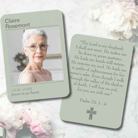 Modern Sage Green Funeral Psalm 23 Prayer Card Visitenkarte