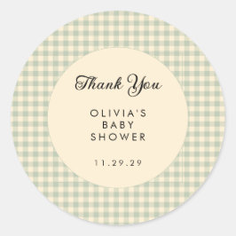 Modern Sage Green Gingham Baby Dusche Vielen Dank Runder Aufkleber