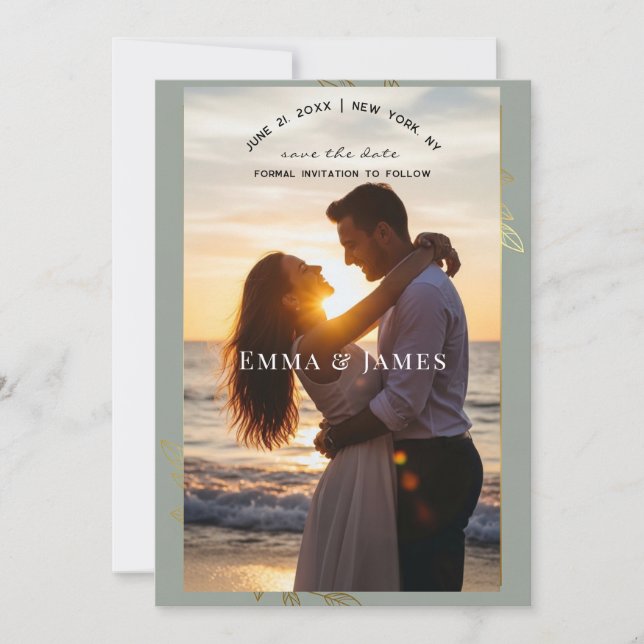 Modern Sage Green Gold Botanical Save the Date (Vorderseite)