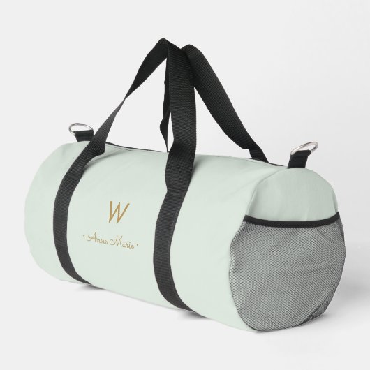 Modern Sage Green Gold Script Monogram Duffle Bag (Rechte Ecke)