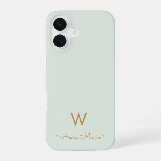 Modern Sage Green Gold Script Monogram iPhone 16 Hülle (Rückseite)