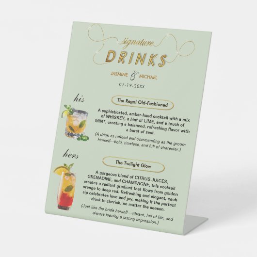 Modern Sage Green | Gold Wedding Signature Drinks Sockelschild (Vorderseite)